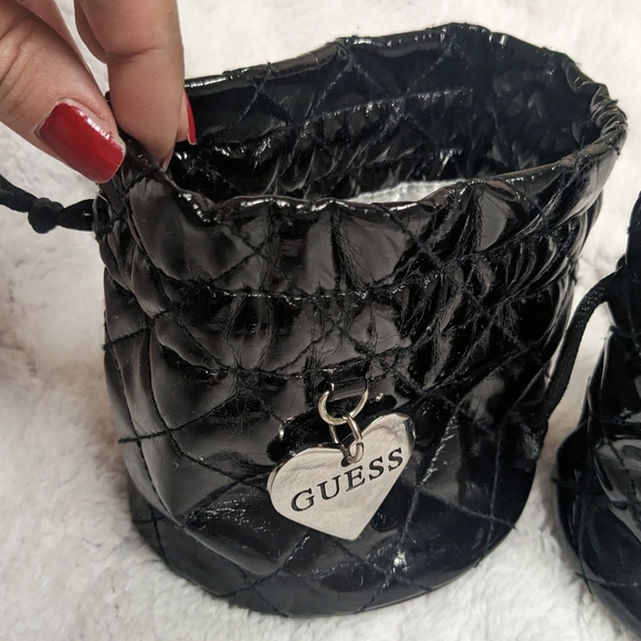 2 Guess Black Quilted Faux Leather Pleather Silver Heart Drawstring mini Bag - Picture 2 of 14
